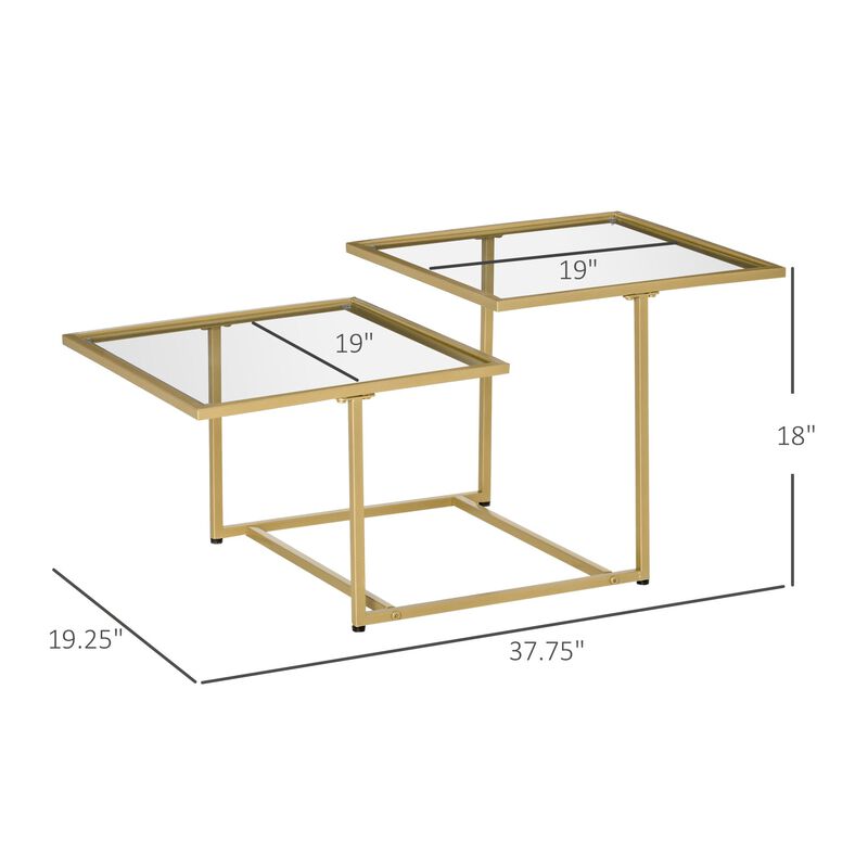 Gold Side Table Small Coffee Table Glass Coffee Table with Double Tabletops, Tempered Glass and Metal Framework for Living Room, Gold/Clear
