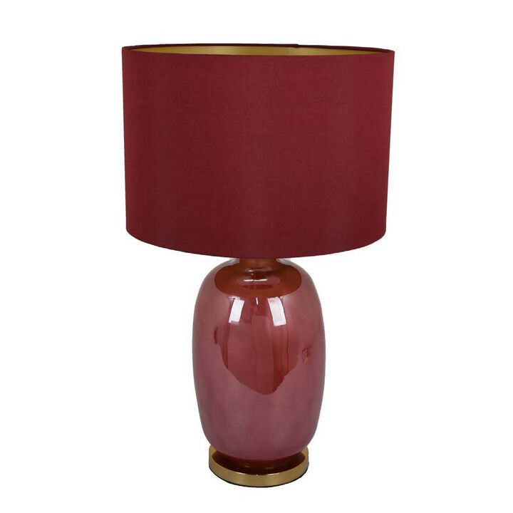 Gia 25 Inch Table Lamp, Drum Shade, Vase Shape Glass Body, Red Finish - Benzara