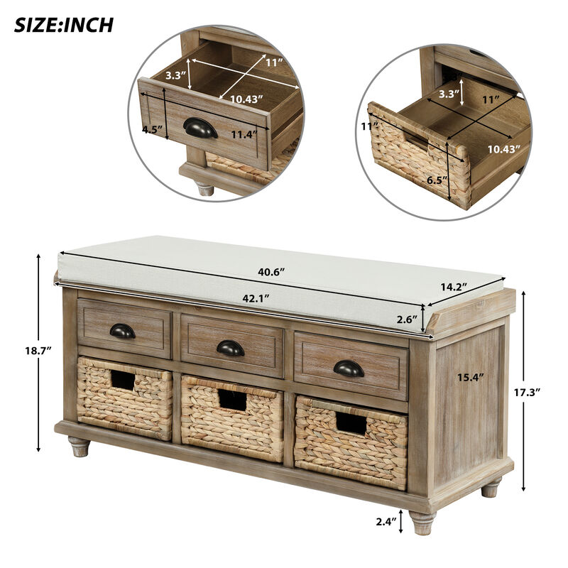 Whisen Rustic Storage Bench with 3 Drawers and 3 Rattan Baskets - White Washed