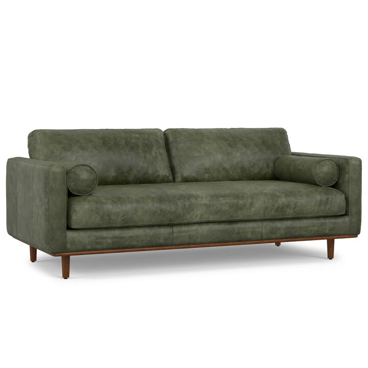 Morrison 89 inch Wide Mid-Century Modern Sofa in Moss Green Genuine Leather