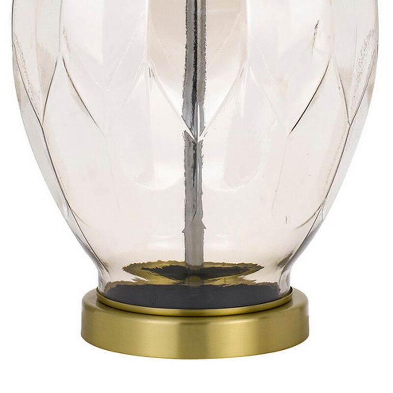 29 Inch Glass Table Lamp with Dimmer, Round, Clear and Brass-Benzara