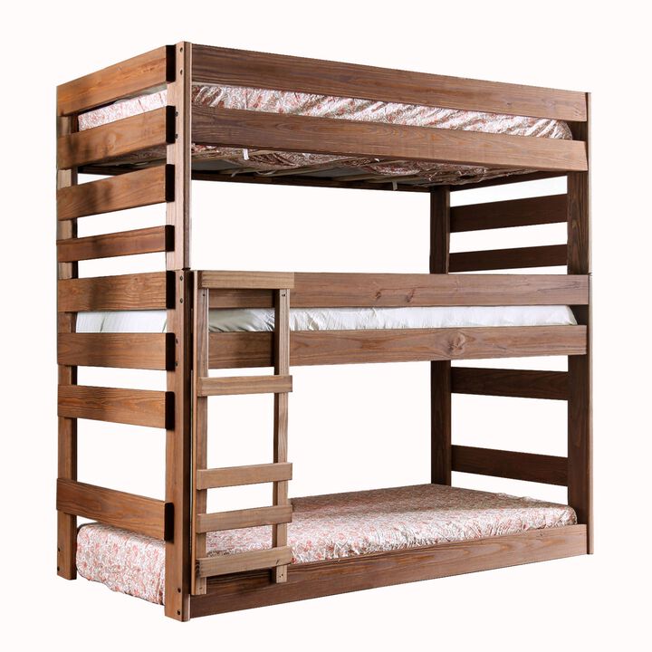 Wooden Twin over Twin Triple Bunk Bed with Attached Ladder, Brown-Benzara