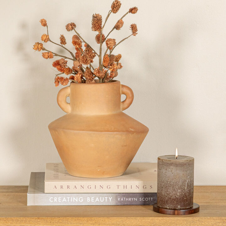 Round Stoneware Vase with Reactive Glaze Finish and Vertical Handles, Terracotta
