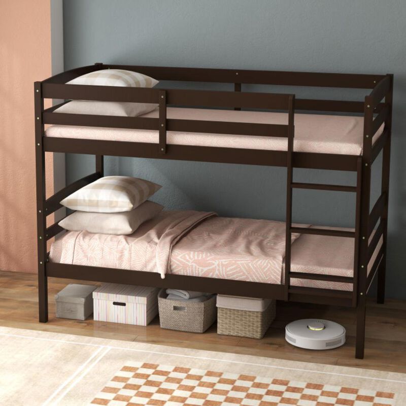 Hivvago Solid Wood Twin Over Twin Bunk Bed Frame with High Guardrails and Integrated Ladder