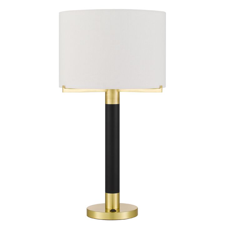 Table Lamp, Off White Drum Shade, 28 Inch Black Body with Brass Accent