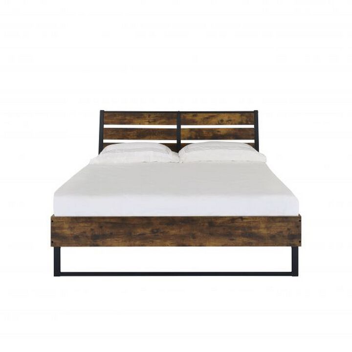 Eastern King Bed with Panel Headboard and Metal Slats, Brown and Black - Benzara
