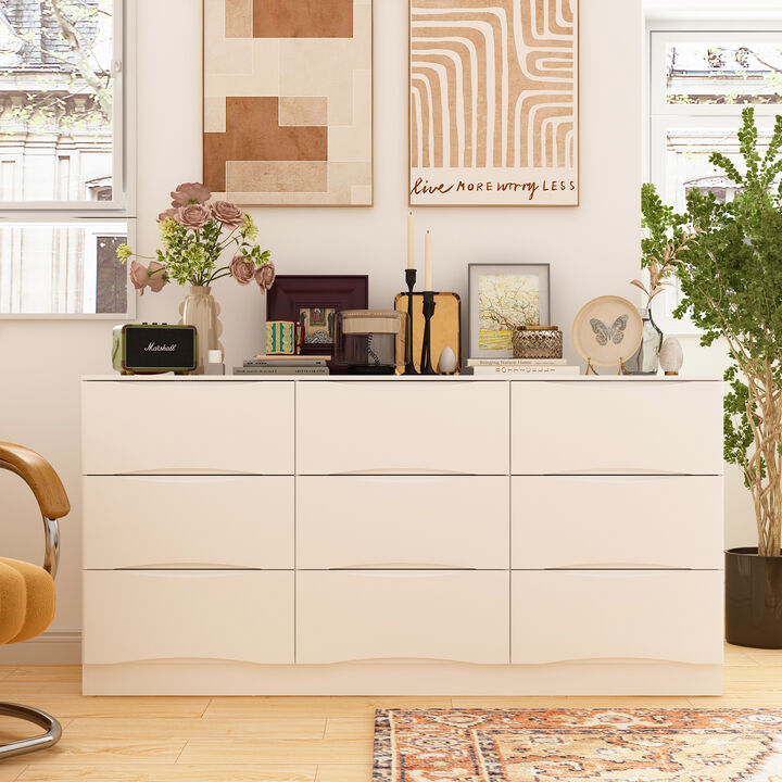 FUFU&GAGA 63" White 9-Drawer Dresser, Modern P2 MDF Construction with Silent Drawer Tracks, Rounded Corners and Anti-Tip Design (63" W x 31.5" H x 15.6" D), Pure White Finish
