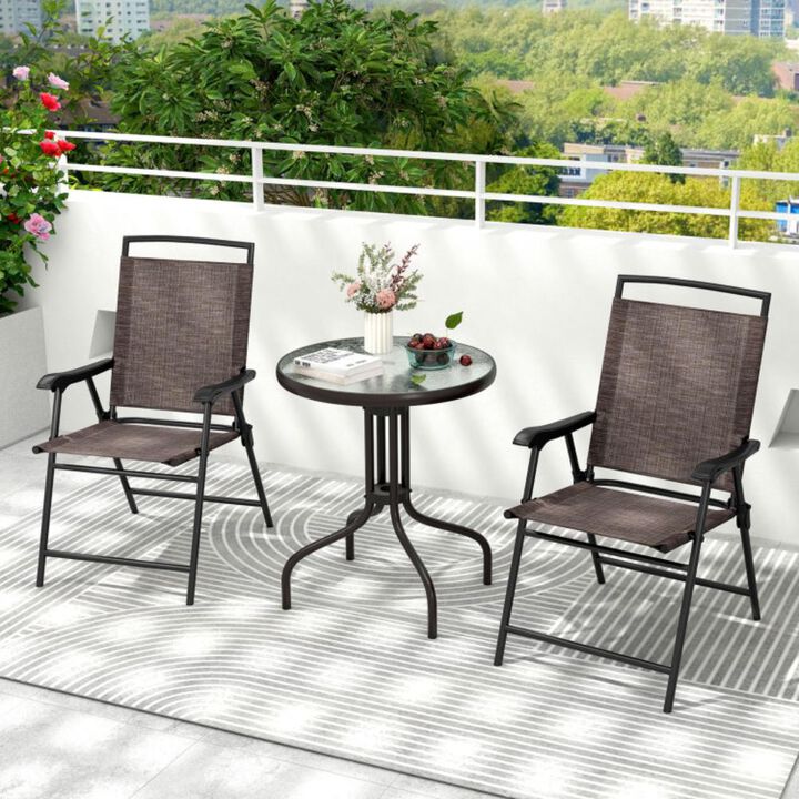 Hivvago 3 Pieces Patio Round Table and Folding Chairs Set with Rippled Tempered Glass Tabletop