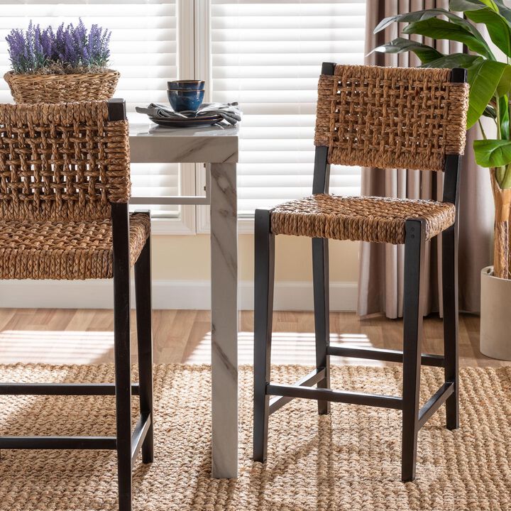 bali & pari Alise Handwoven Seagrass Bar Stool with Mahogany Wood Frame - Bar-Height Chair with Woven Back and Seat for Kitchen Island or Home Bar, Dark Brown