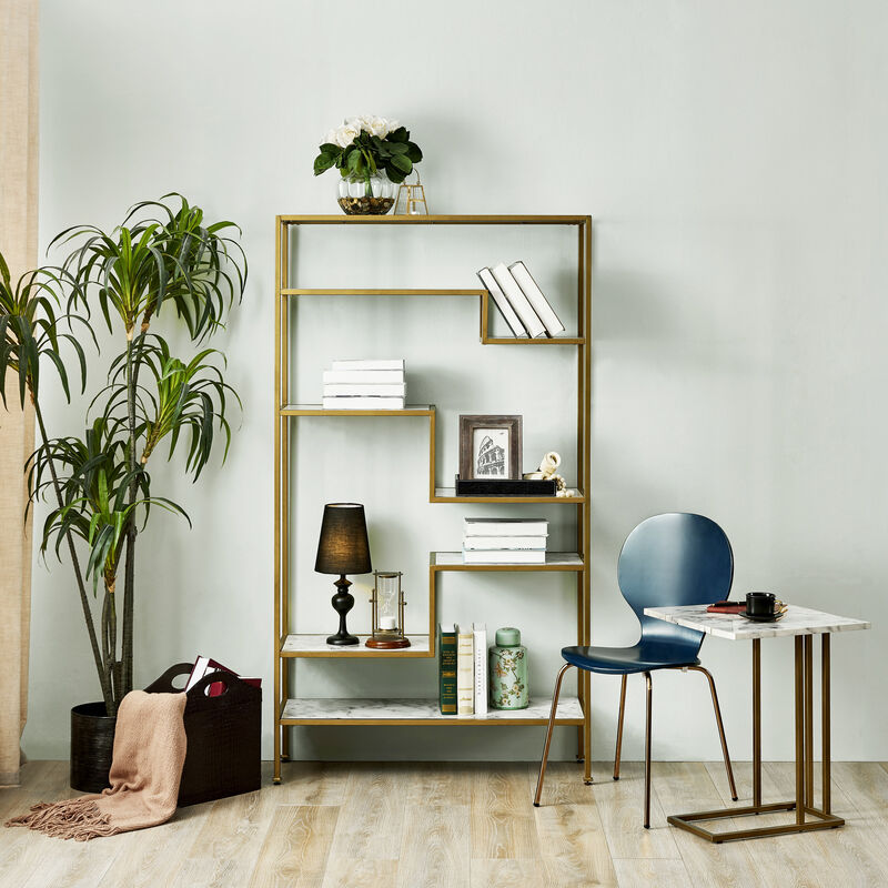 Marmo Modern Marble-Look C Shape Side Table, Marble/Brass image number 5