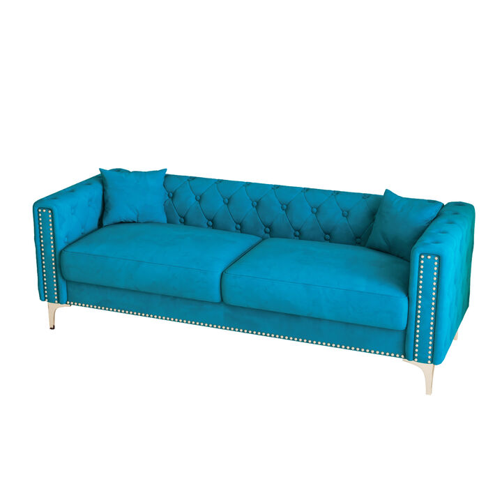 Sofa includes 2 pillows, 83 "blue velvet triple sofa, suitable for large and small Spaces