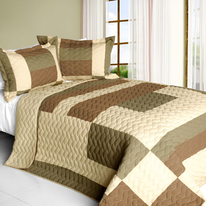 Vermicelli-Quilted Patchwork Quilt Set 3-Piece in Solid Serenade Style-Brown