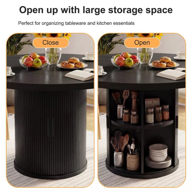 Vipbear 35.43" Round Dining Table for 4, Modern Wooden Kitchen Table with Built-in Storage Shelves image number 2