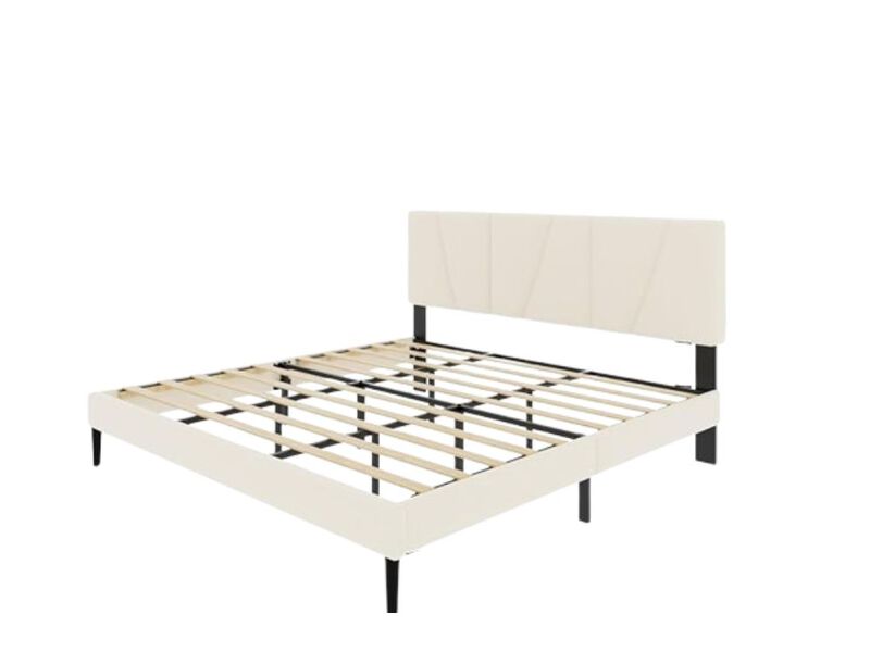 King Size Platform Bed Frame With Upholstered Headboard, Wooden Slats Support, Noise Free, No Box Spring Needed, Easy Assembly, Beige, Velvet