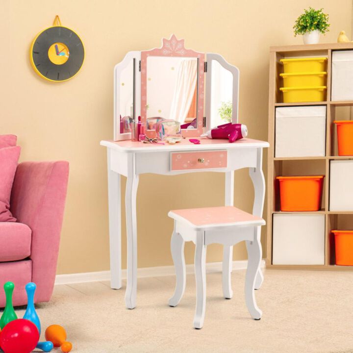 Hivvago Princess Vanity Table and Chair Set with Tri-Folding Mirror and Snowflake Print