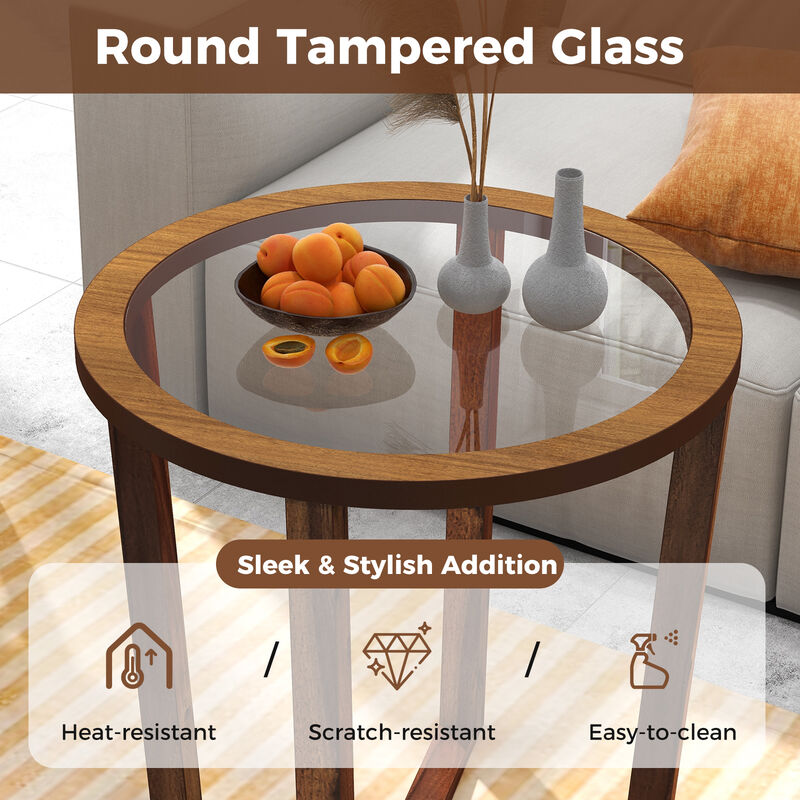 Modern Round End Table Sofa Side Table with Transparent Tempered Glass Top image number 5