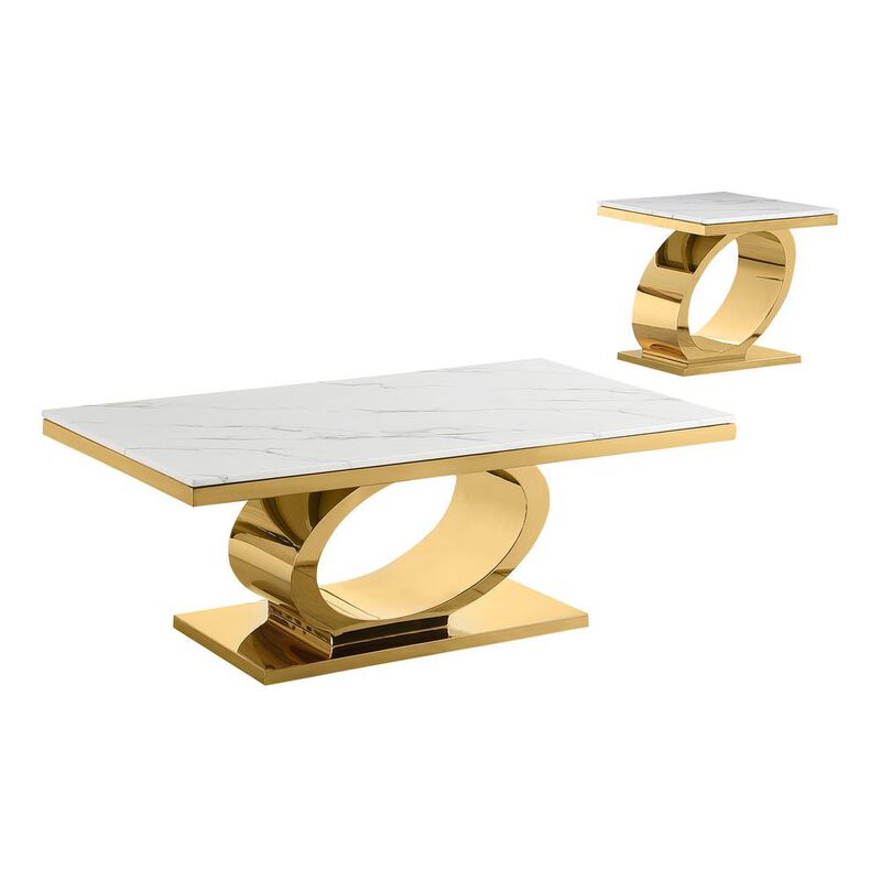 Best Quality Furniture 2pc White marble coffee table set with gold color base (1 Coffee+ 1 End table)