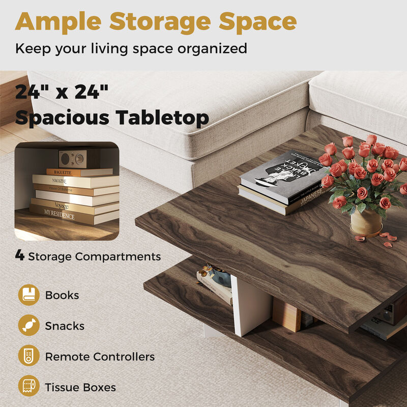 Functional Square Coffee Table with Dual Shelves and 4 Open Storage Sections