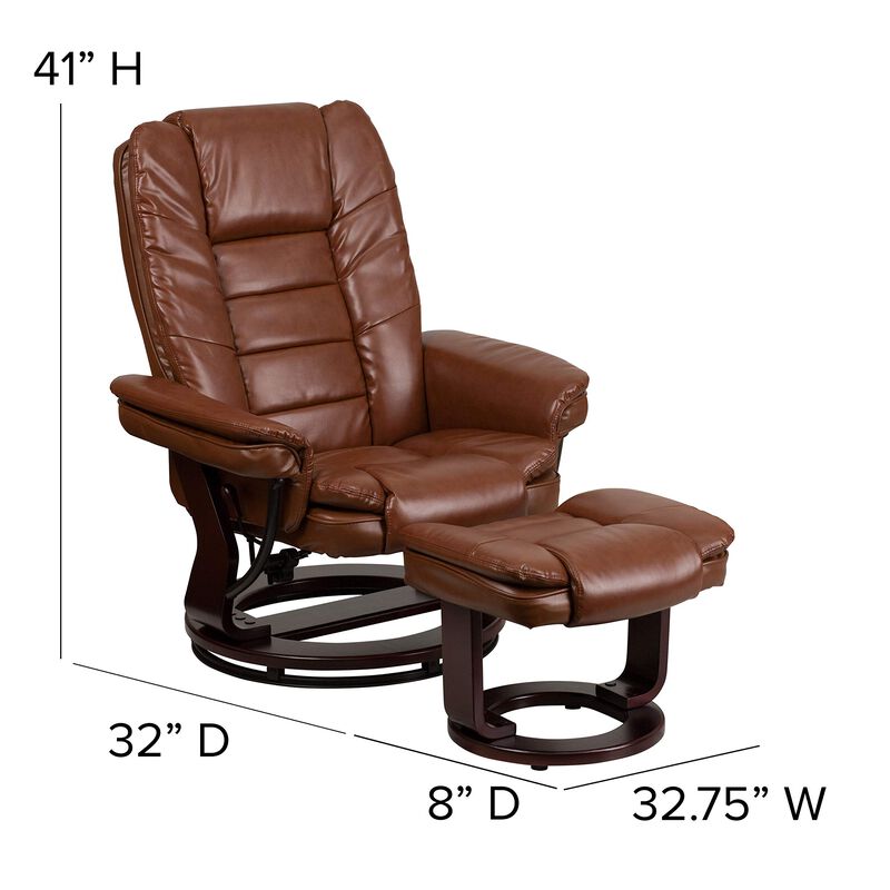 Flash Furniture Bali Contemporary Multi-Position Recliner with Horizontal Stitching and Ottoman with Swivel Mahogany Wood Base in Brown Vintage Leather