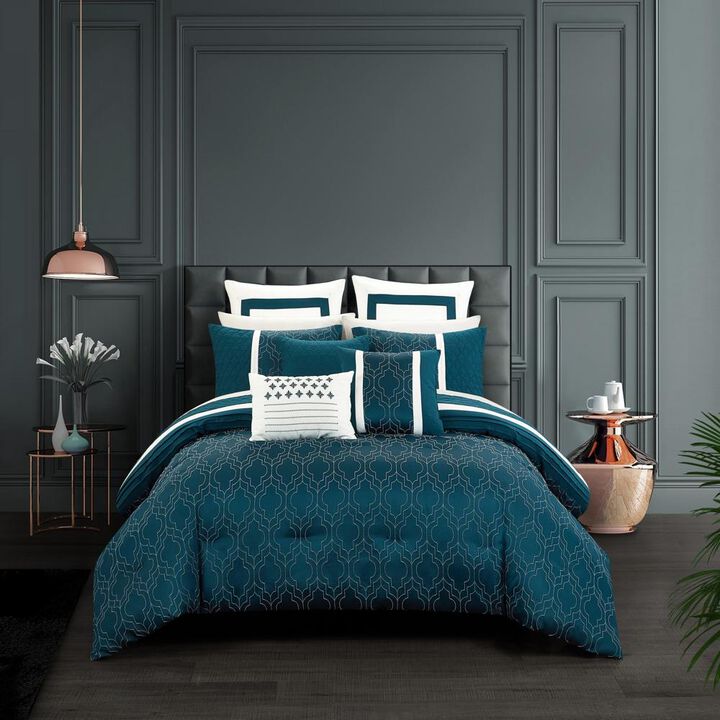 Chic Home Arlow Comforter Set Jacquard Geometric Quilted Pattern Design Bedding Teal Blue, King
