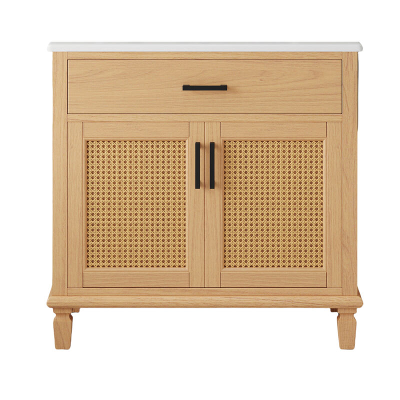 36" Rattan Bathroom Vanity with Ceramic Sink, Soft-Close Doors & Large Storage, Free-Standing Solid Wood Design, Natural