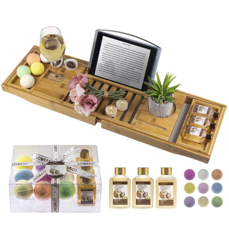 Lovery Premium Bamboo Bathtub Caddy Gift Set - Expandable Tray image number 0