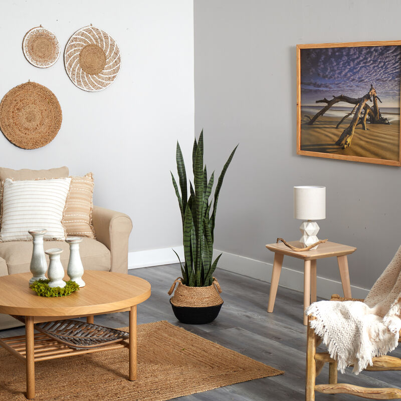 Hivvago 46" Sansevieria Artificial Plant in Boho Chic Handmade Cotton & Jute White Woven Planter