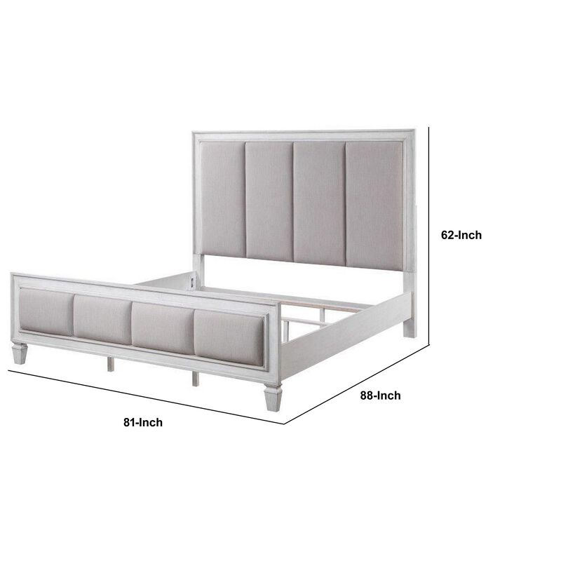 Kate Modern King Size Bed, ChannelTufted, Gray Fabric, White Wood Frame