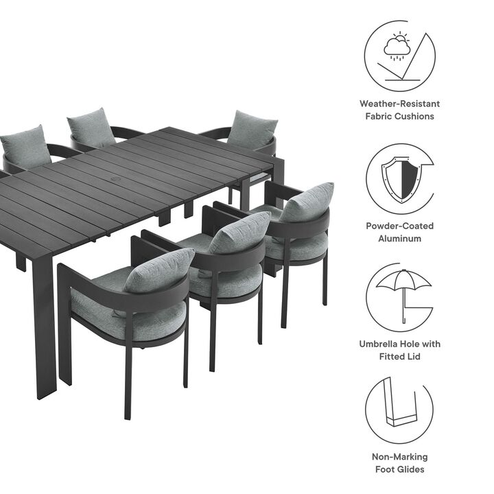 Modway Tahoe Outdoor Patio Powder-Coated Aluminum 9-Piece Dining Set in Gray Gray - Rectangular Patio Furniture Set for 8 - Outside Table with Umbrella Hole and Cushioned Chairs - Modern Patio Set