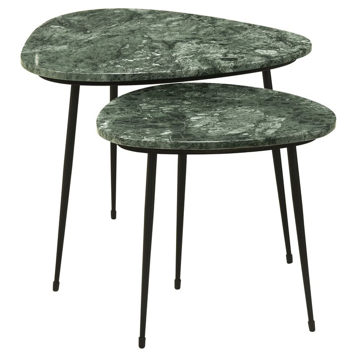 2 Piece Nesting Accent Table Set, Triangular Marble Top, Green, Black