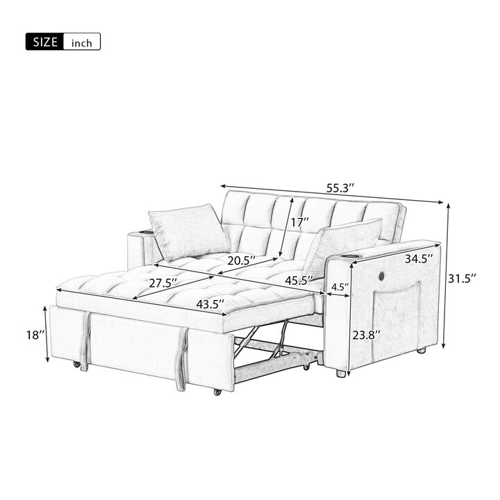 55.3" 41 Multifunctional Sofa Bed with Cup Holder and USB Port for Living Room or Apartments Milky White