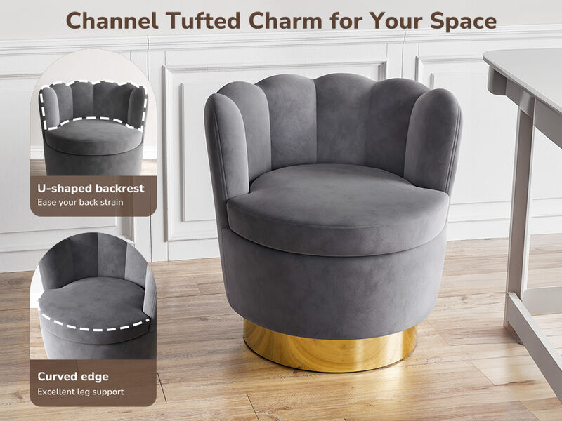 BELLEZE Swivel Accent Chair, Velvet Modern Round Petal Swivel Barrel Chair, 360° Upholstery Swivel Sofa Armchair, Comfy Swivel Accent Chair for Living Room Bedroom - Lotus (Dark Grey)