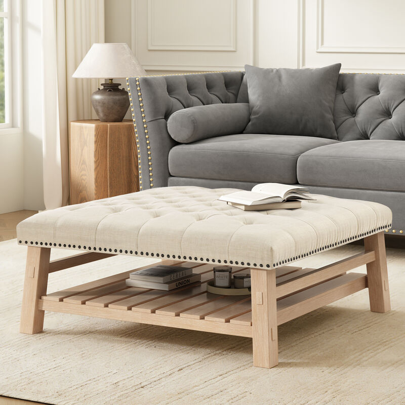 Merax Tufted Ottoman Coffee Table with Nailhead Trim & Storage Shelf &ndash; Solid Wood Legs image number 1