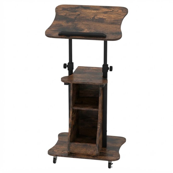 Mobile Podium Stand with Adjustable Height, Tilting Tabletop and Storage