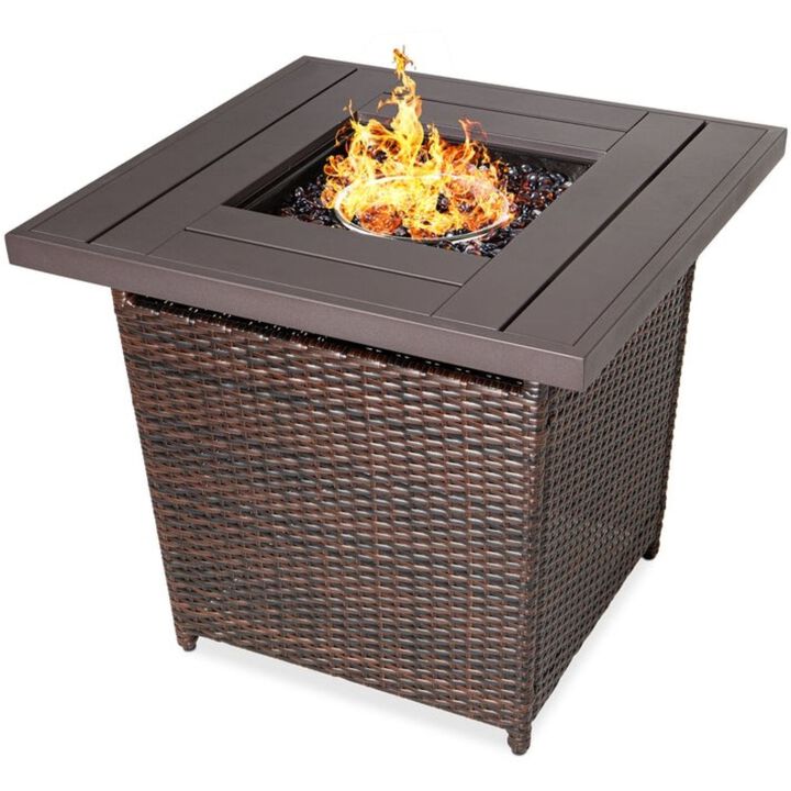 QuikFurn Brown Resin Wicker Fire Pit LP Gas Propane w/ Faux Wood Tabletop and Cover