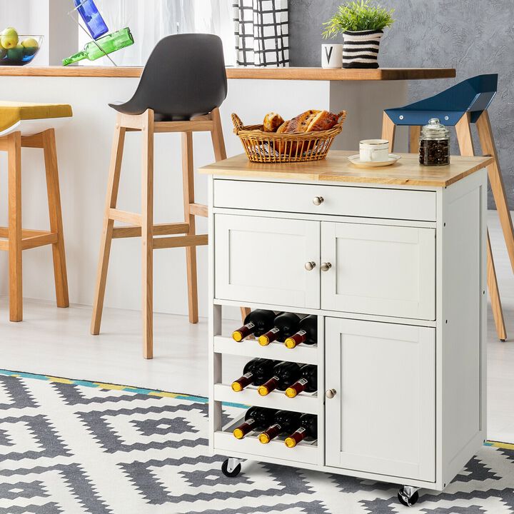 Kitchen Cart with Rubber Wood Top 3 Tier Wine Racks 2 Cabinets-White