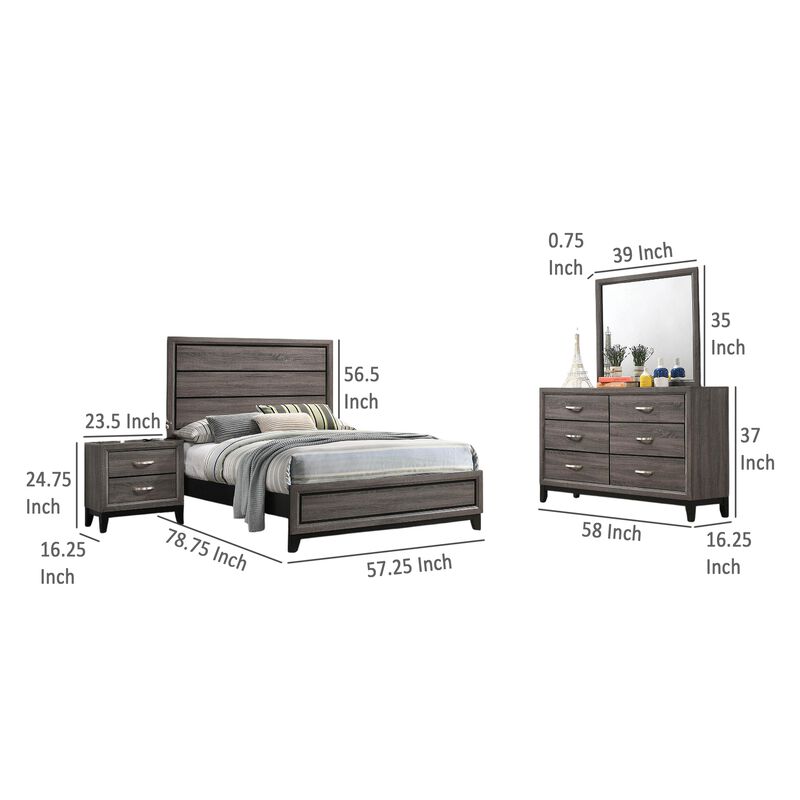 Mela 4pc Full Size Bedroom Set, Dresser, Nightstand, Mirror, Oak Gray - Benzara