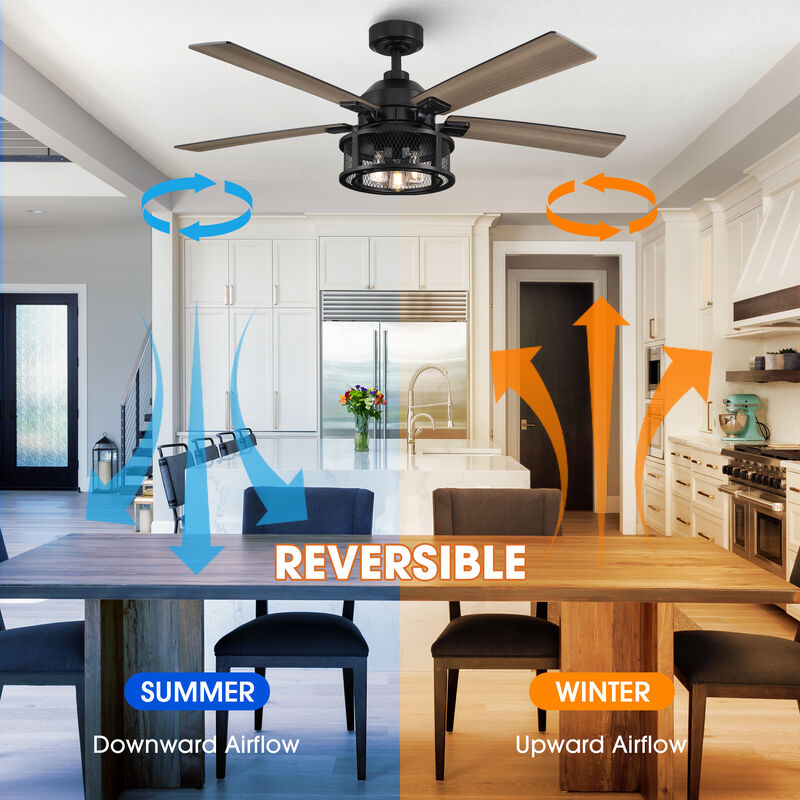 52 in. Industrial Mesh Metal Reversible Blades Black Ceiling Fan with Light and Remote