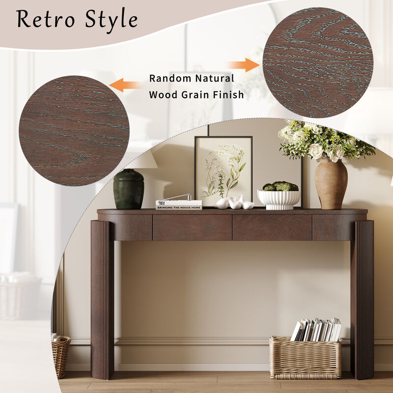 Merax Entryway Table with Natural Wood Grain Finish, Console Table with Fluted Design, Oval Top and 2 Drawers
