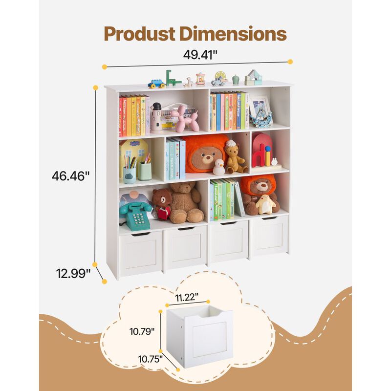 Wooden Kids White Toy Storage Organizer with Bookshelf and 4 Mobile Drawers image number 2