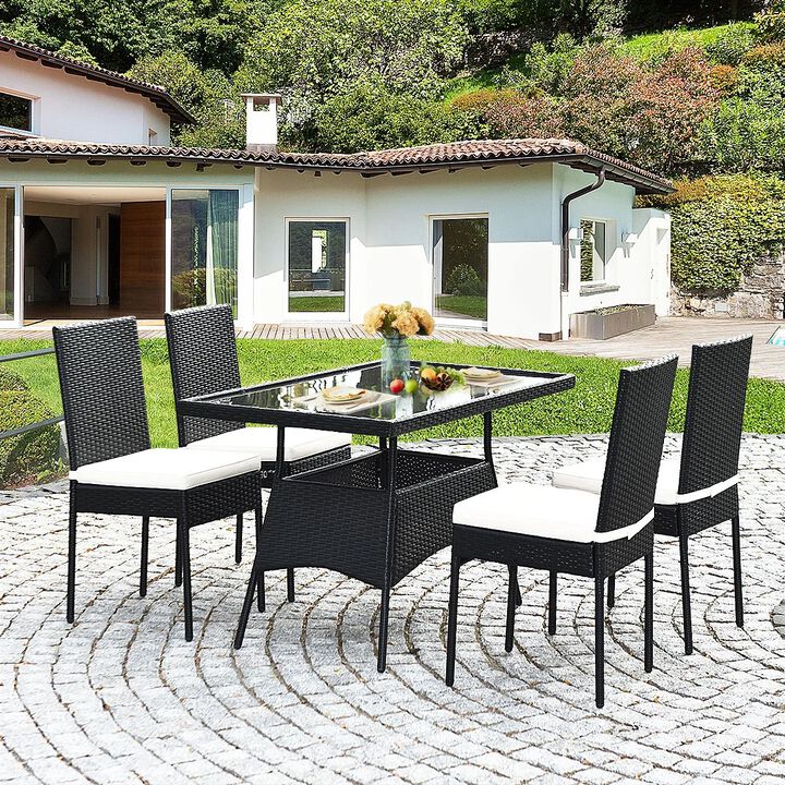 Mondawe 5-Pcs Rattan Patio Dining Set With 4 Cushioned Chairs & Glass-Top Table for Garden Balcony