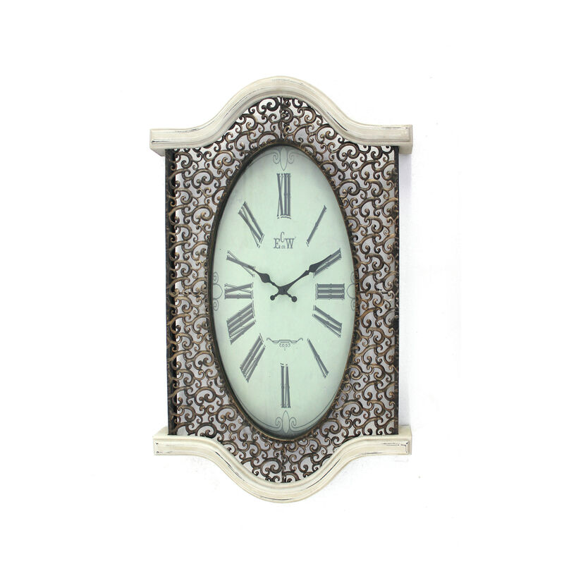 Wall Clock Set of 2 with Scalloped Wooden Top and Bottom, White