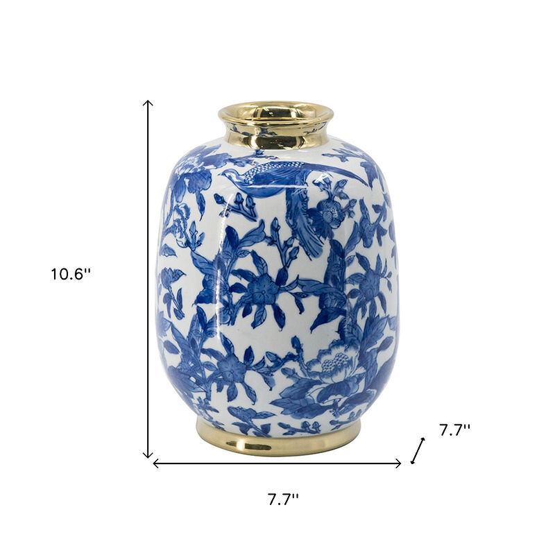 HomeRoots 11" Blue White And Gold Chinoiserie Floral Porcelain Table Vase image number 6