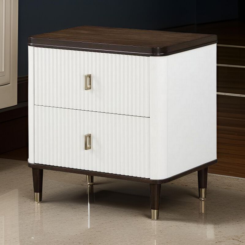 Aren 27 Inch Nightstand, 2 Drawers, USB Charger, Solid Wood, White, Brown - Benzara