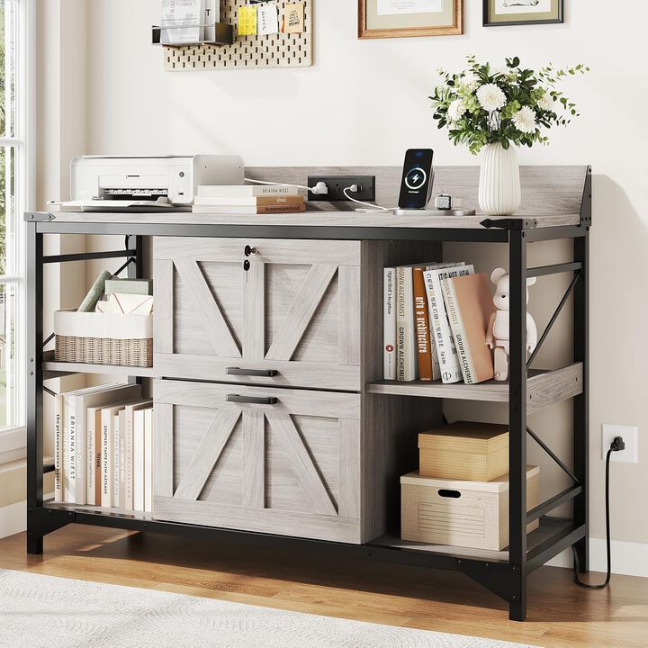 44"W File Cabinet, Lateral Filing Cabinet with 4 Shelves and 2 Drawers, Office Storage Cabinet with Lock & Charging Station, Wooden Printer Stand