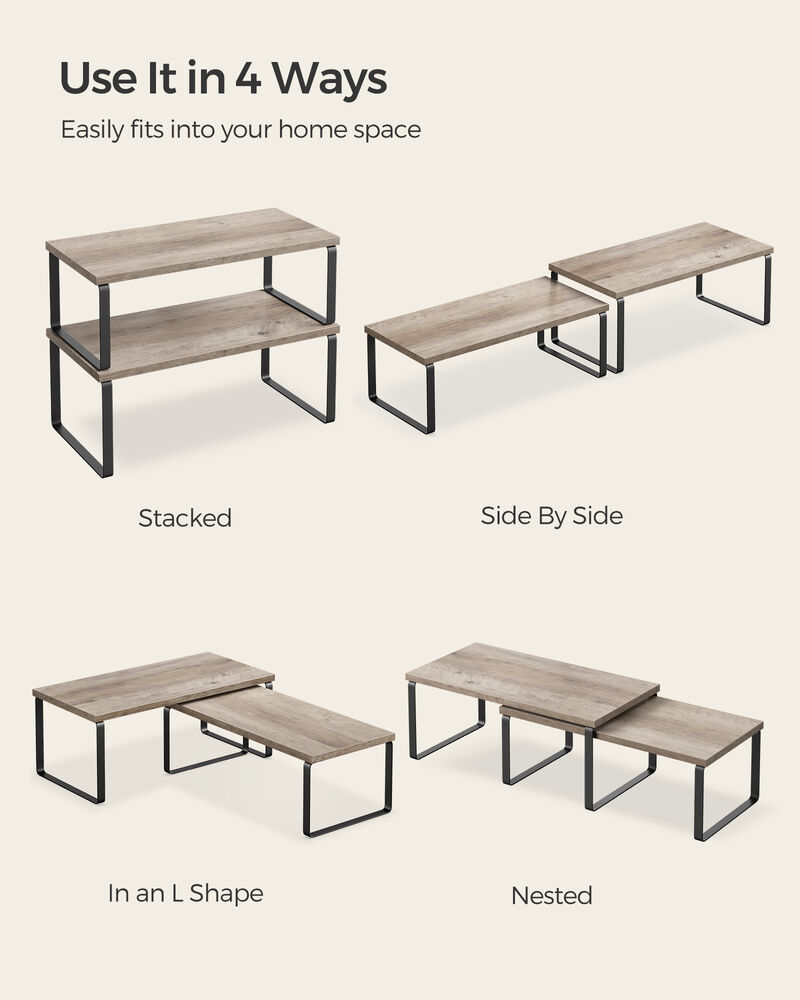 Set of 2 Cabinet Shelf Organizers Stackable, Expandable Metal and Bamboo Kitchen Counter Shelves