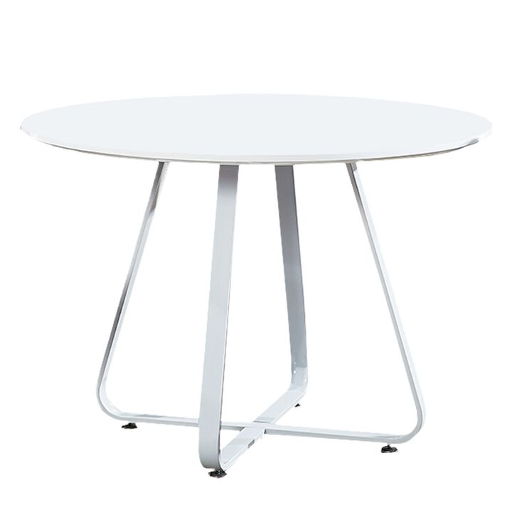 43 Inch Dining Table, Round High Gloss White Top and Angled Metal Legs - Benzara