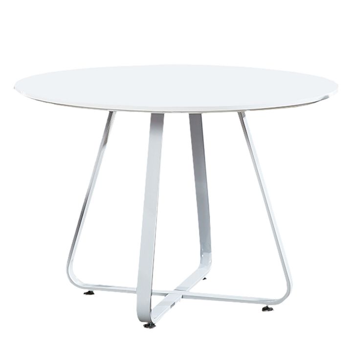 43 Inch Dining Table, Round High Gloss White Top and Angled Metal Legs