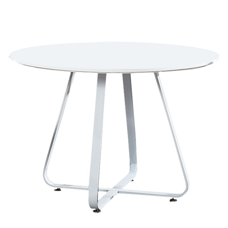 43 Inch Dining Table, Round High Gloss White Top and Angled Metal Legs