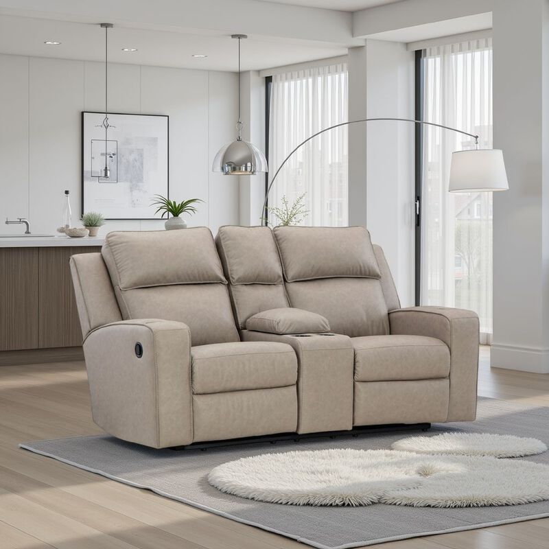 Livie Manual Recliner Loveseat, Console, Beige Gray Faux Leather 77in image number 1